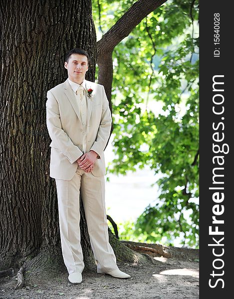 Groom and bride in white dress on background of green trees. Groom and bride in white dress on background of green trees