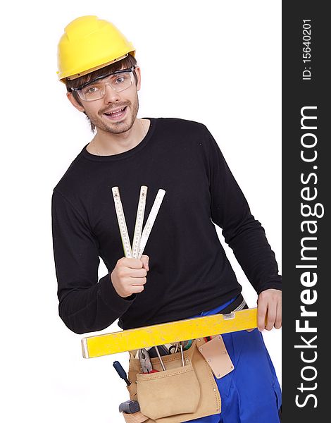 Portrait of happy construction worker on white background. Portrait of happy construction worker on white background