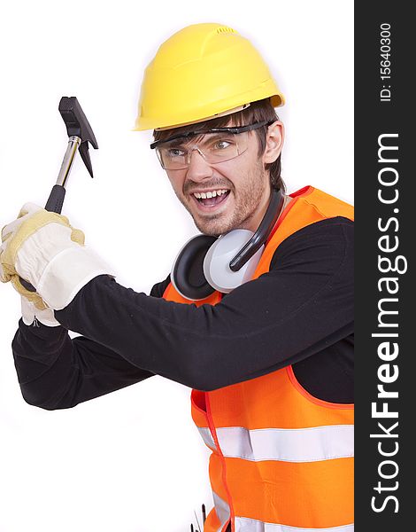 Angry worker with hammer on white background