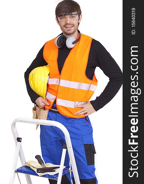 Portrait of happy manual worker on white background