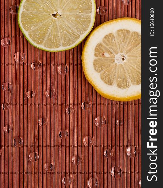 Lemon and Lime Slices and Water Drop Background