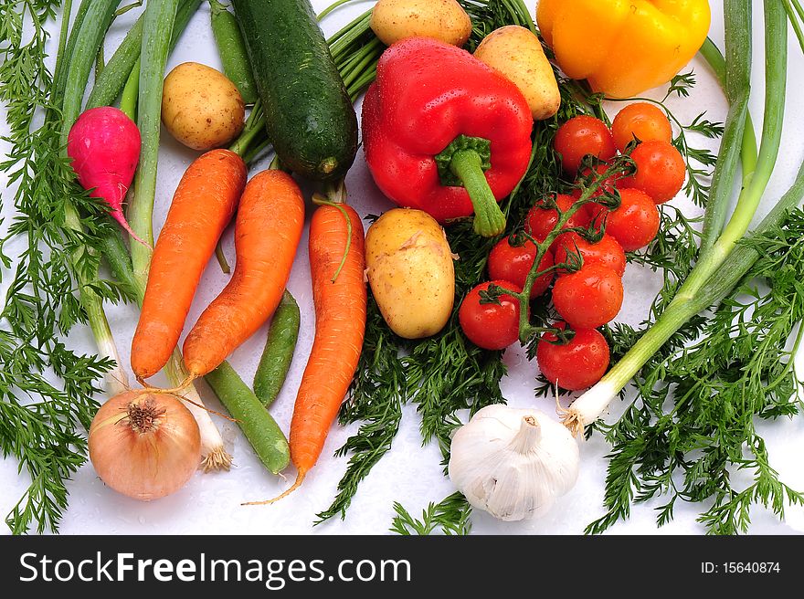 Vegetables collection with tomatos, peppers, cucumber etc.