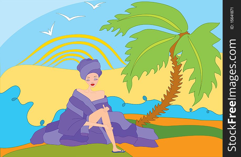 Young girl with towel on her head near palm tree. Young girl with towel on her head near palm tree