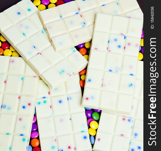 Still life of white chocolate with smarties