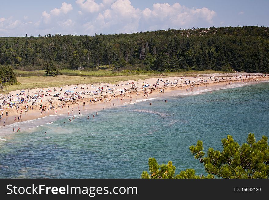 Sand Beach in acadia National Park on a crowded day