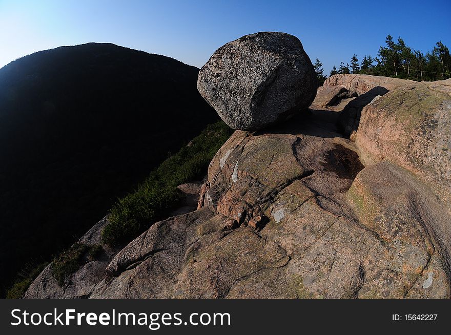 Bubble rock, a balanced rock in Acadia National Park