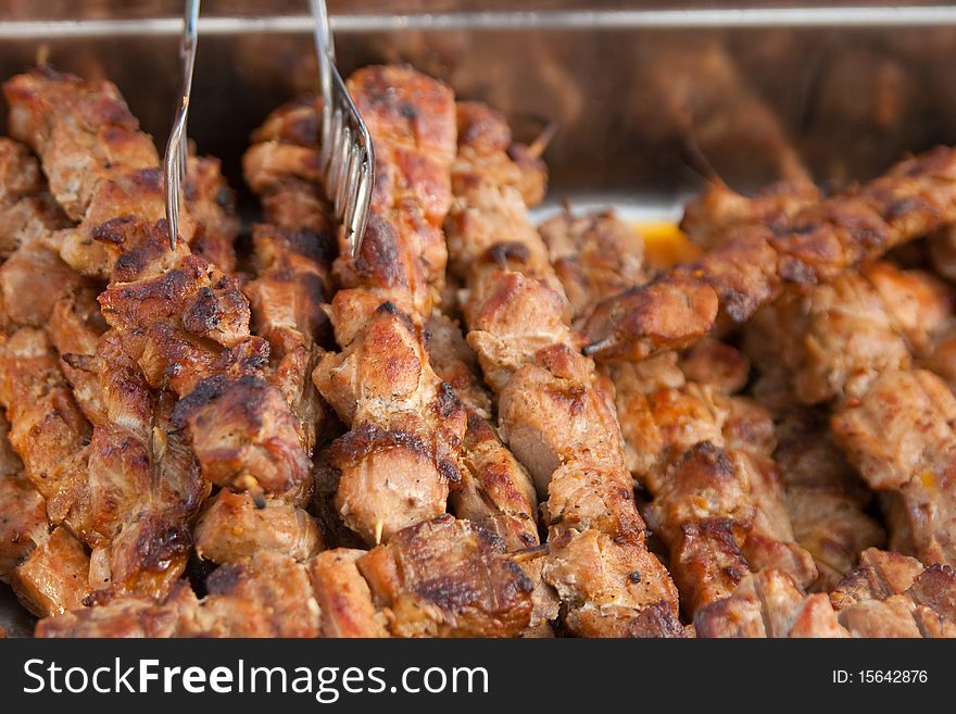 Many delicious barbecue. It is well browned, worn on skewers, cut into small pieces. Many delicious barbecue. It is well browned, worn on skewers, cut into small pieces.
