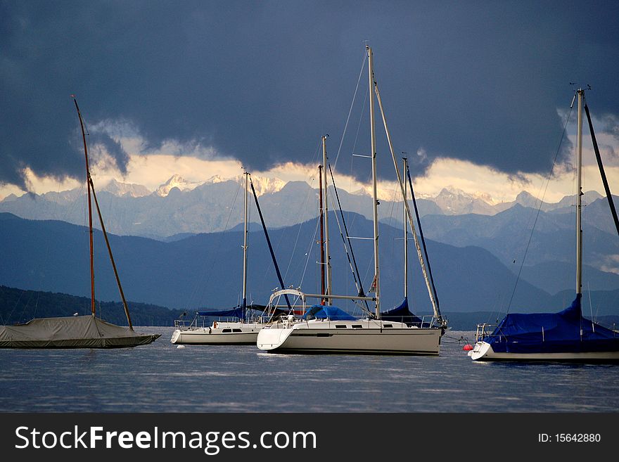 A heavy thunderstorm is moving in on Lake Starnberg, one of the Bavarian lakes in the foothills of the Alps.