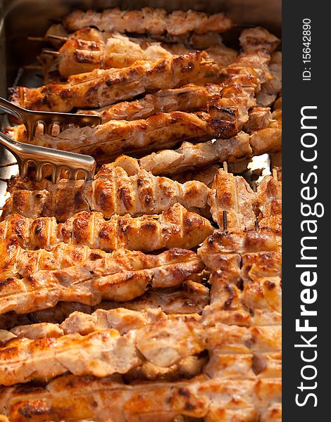Many delicious barbecue. It is well browned, worn on skewers, cut into small pieces. Many delicious barbecue. It is well browned, worn on skewers, cut into small pieces.