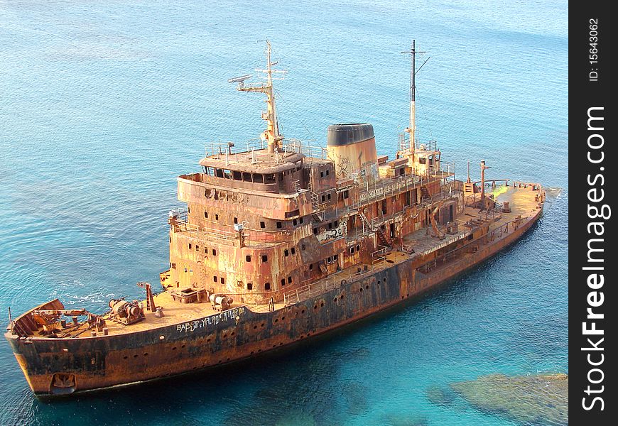 Shipwreck of the Asklipios on the shore of Haouaria / Tunisia in the mountain foot