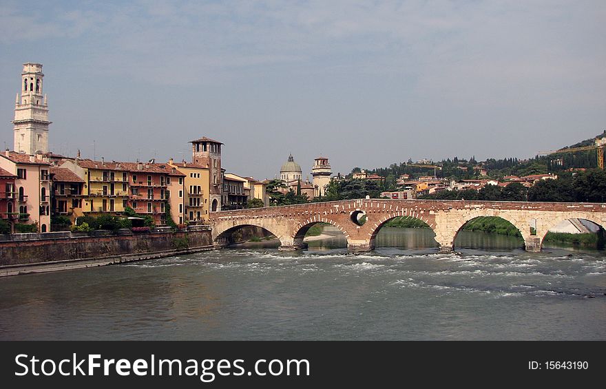 View of center of Verona and bridge from the river. View of center of Verona and bridge from the river