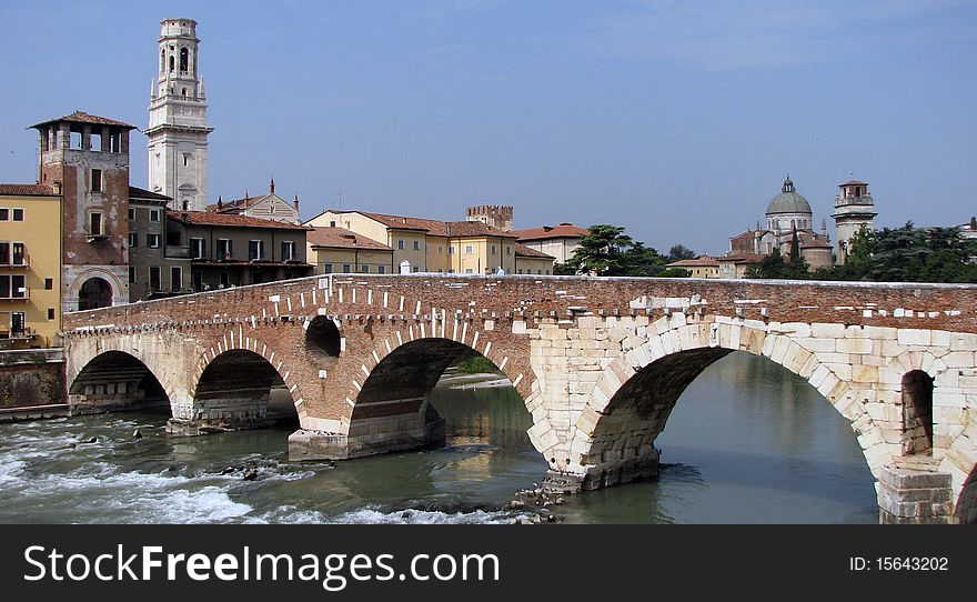 View of central part of city and bridge in Verona. View of central part of city and bridge in Verona