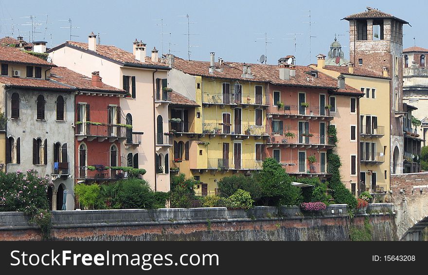 View of old houses in central part of italian town of Verona. View of old houses in central part of italian town of Verona