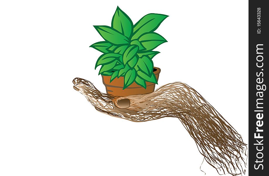 Vector illustration a green flowerpot on a hand from a rod