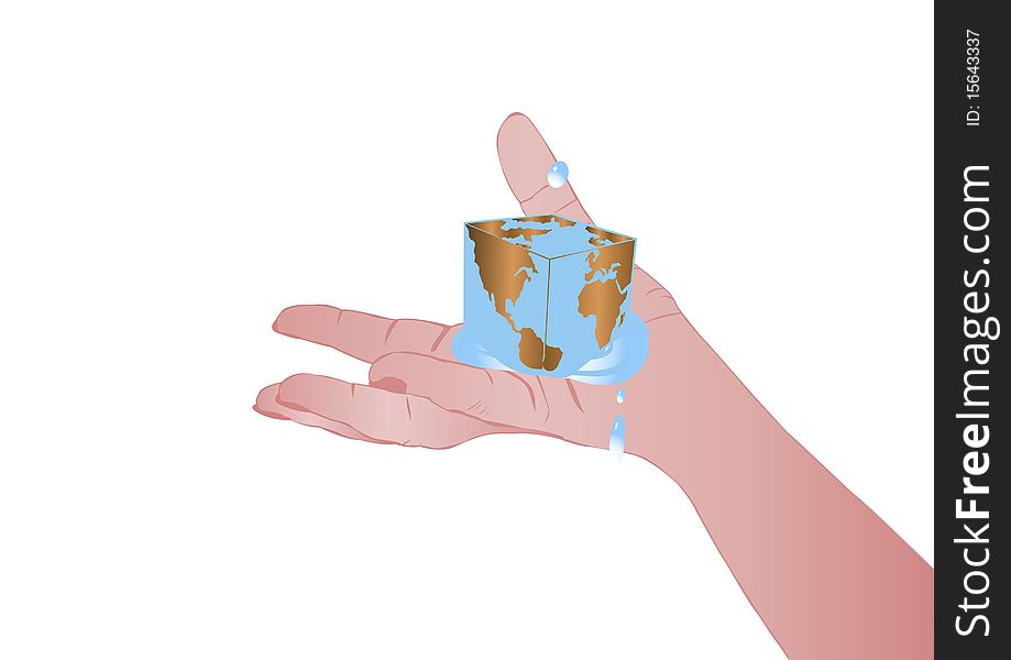 Vector illustration a female hand with a cube in the form of the earth