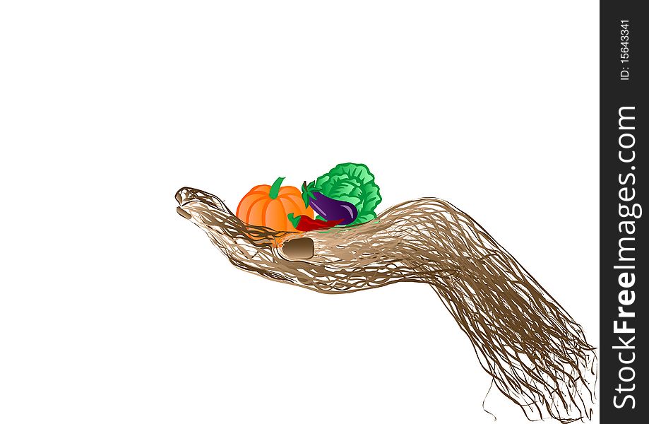 Vector illustration fresh vegetables on a hand from a rod