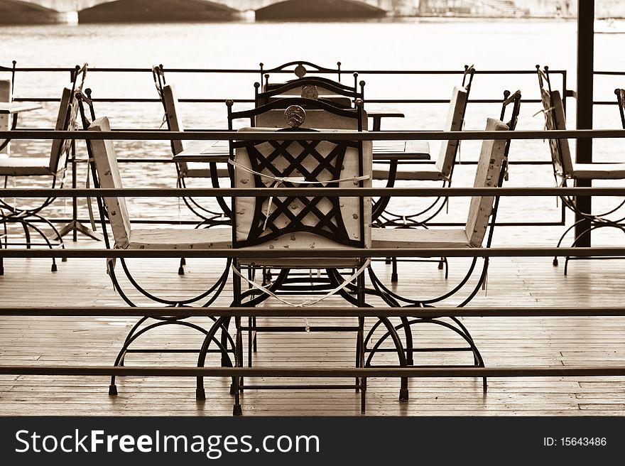 Empty terrace on a pier near the lake