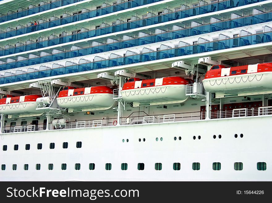 Cruise ship closeup on safety boats and cabins