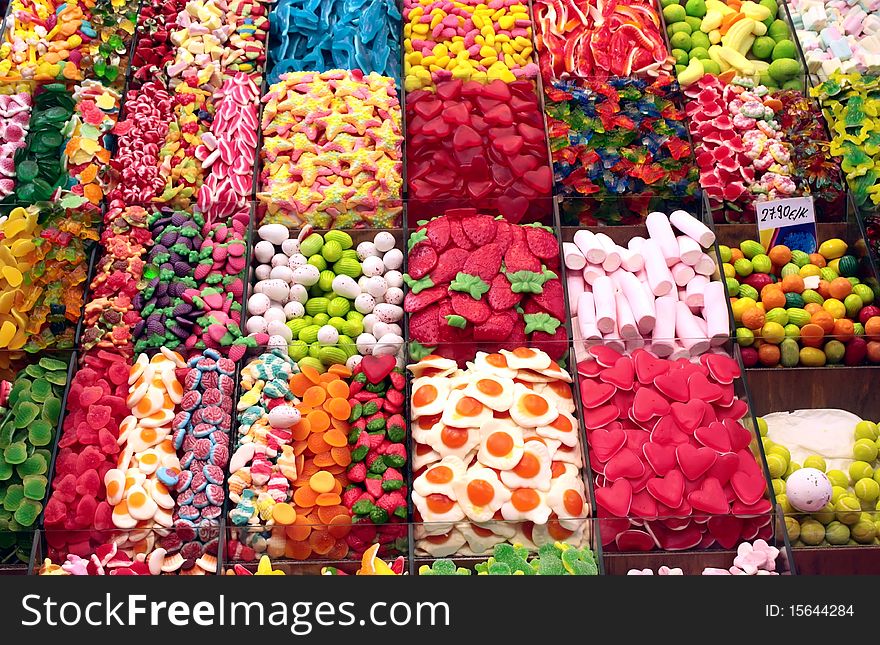 Assortment of jelly candies on display. Assortment of jelly candies on display
