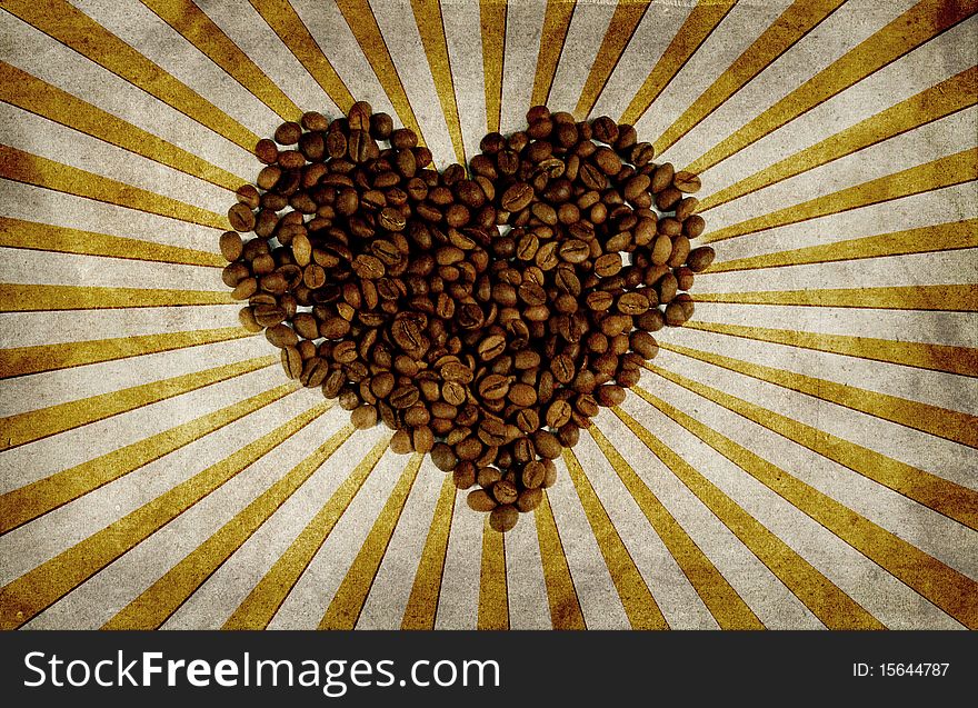 Grunge coffee background in the view a heart