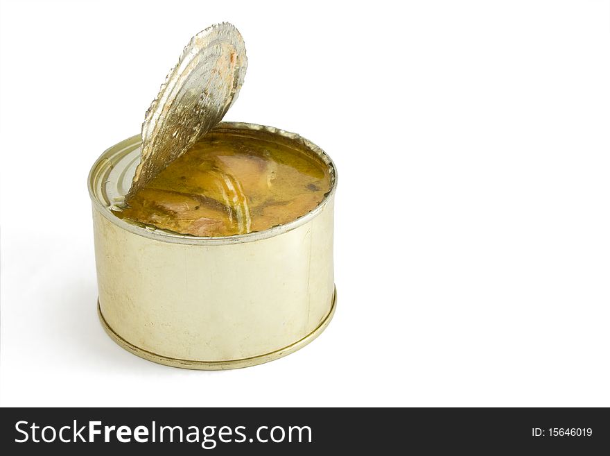 Open full can of sardines in olive oil, isolated on a white background with shadow. Open full can of sardines in olive oil, isolated on a white background with shadow.