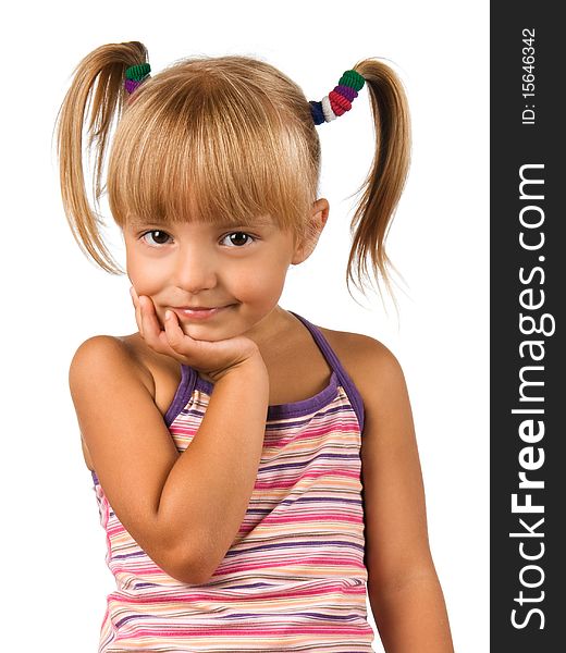 Portrait of emotionally kid. Funny little girl isolated on white background. Beautiful caucasian model.