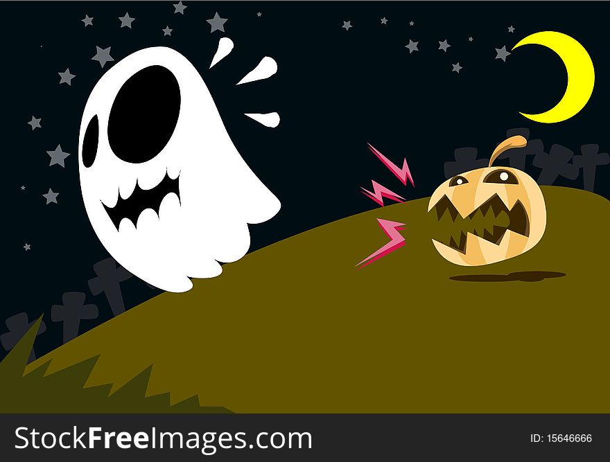 Images of a pumpkin ghost who is chasing another ghost. Images of a pumpkin ghost who is chasing another ghost.