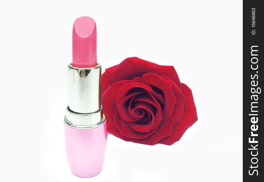 Pink Lipstick With Rose On Background