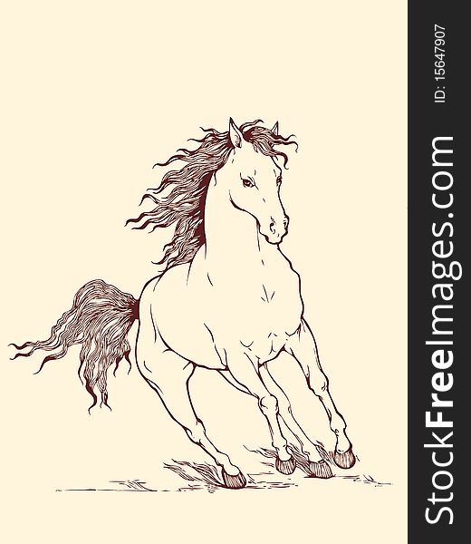 vector outline illustration of galloping horse with beautiful mane