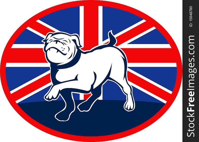 Illustration of a Proud English bulldog marching with Great Britain or British flag at background set inside an oval. Illustration of a Proud English bulldog marching with Great Britain or British flag at background set inside an oval.