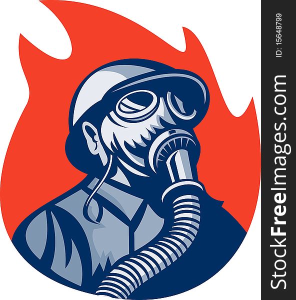 Illustration of a Fireman or firefighter wearing vintage gas mask set inside a flame or fire. Illustration of a Fireman or firefighter wearing vintage gas mask set inside a flame or fire