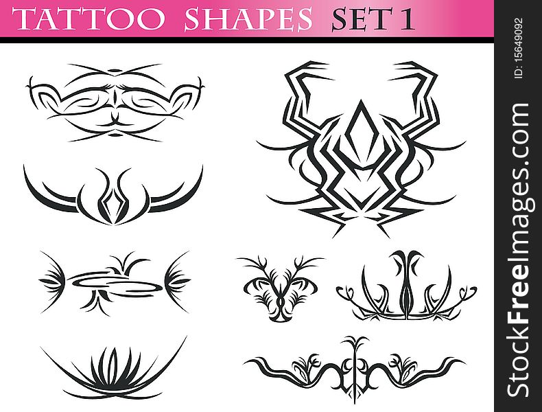 A set of different tattoo shapes isolated on white background. Part 1 of the collection. A set of different tattoo shapes isolated on white background. Part 1 of the collection.