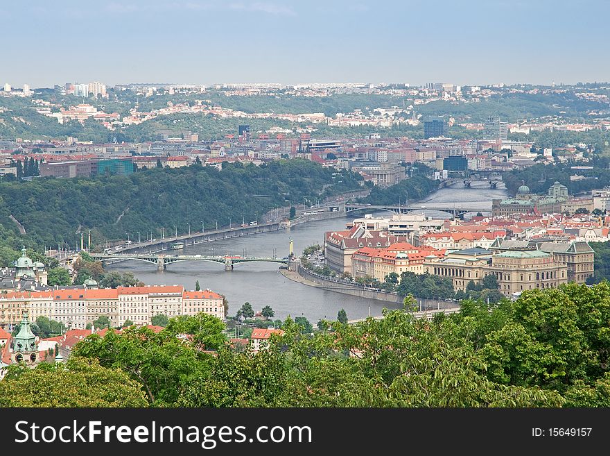 The Moldau (Vltava) river in Prague from Petrin View Tower. The Moldau (Vltava) river in Prague from Petrin View Tower.