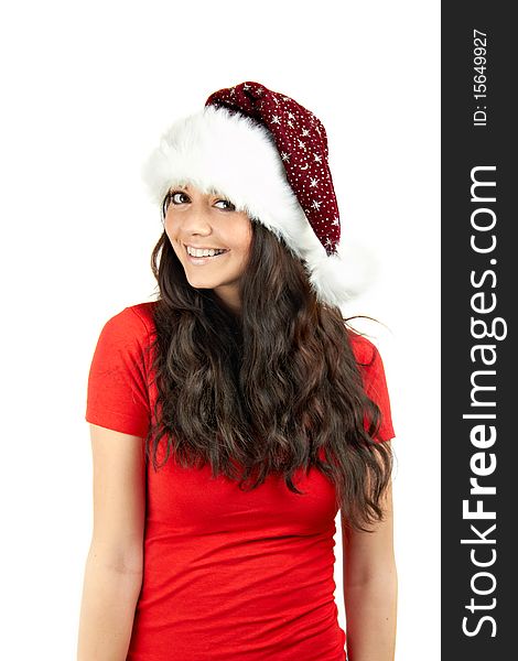Winter portrait of a smiling christmas woman in front of a white background