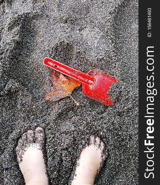 Red Leaf And Shovel In The Sand