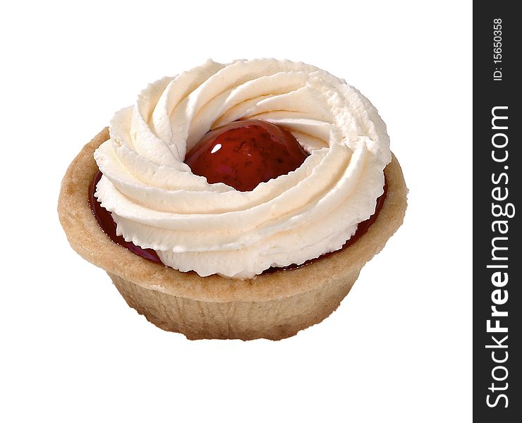 Single strawberry tart on white background