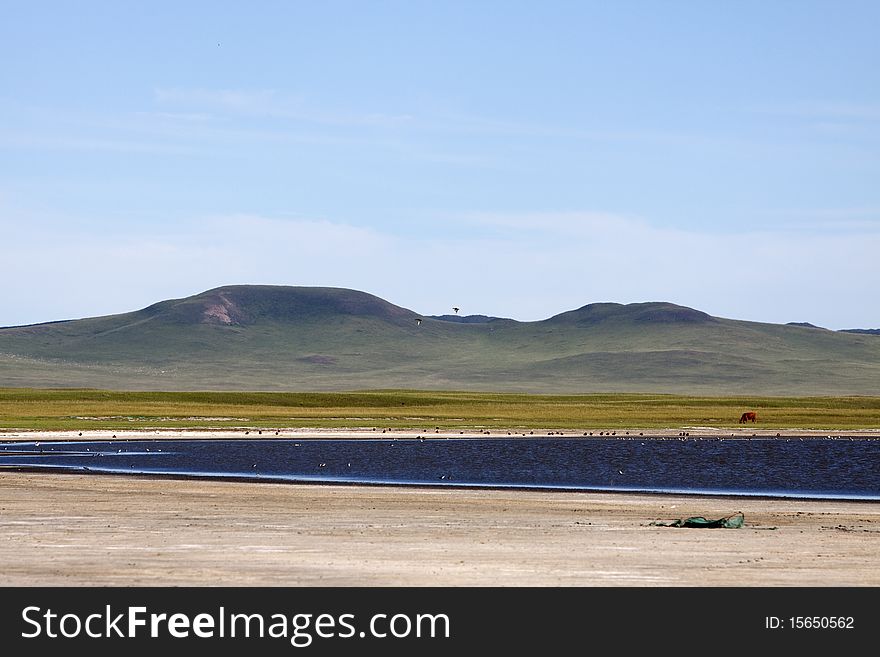 The blue lake in summer meadow of Inner Mongolia, China