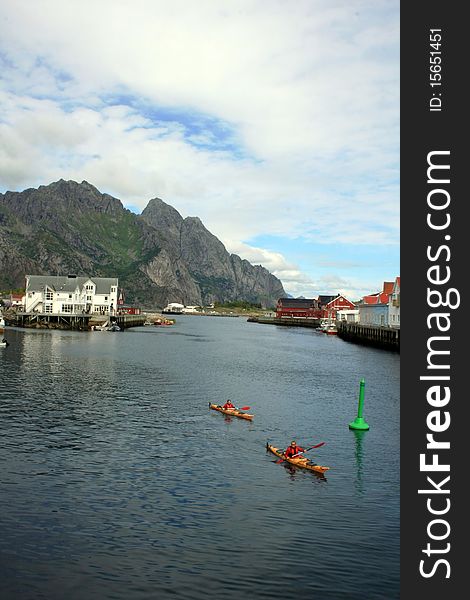 The view on the city in Lofoten islands Henningsvaer in Norway