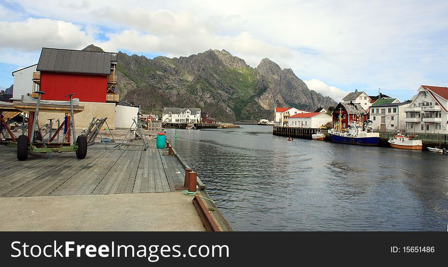 The view on the fjord on the Lofoten islands, Henningsvaer city