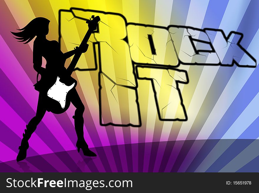 Rock girl silhouette with starburst and colourfull background  different colours. Rock girl silhouette with starburst and colourfull background  different colours