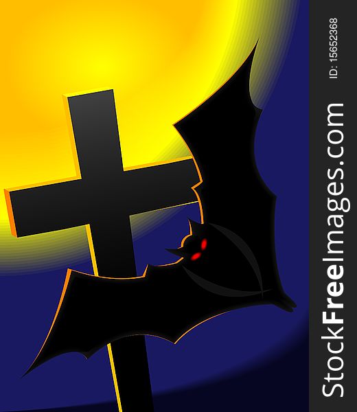 Bat on a cemetery and the moon in a