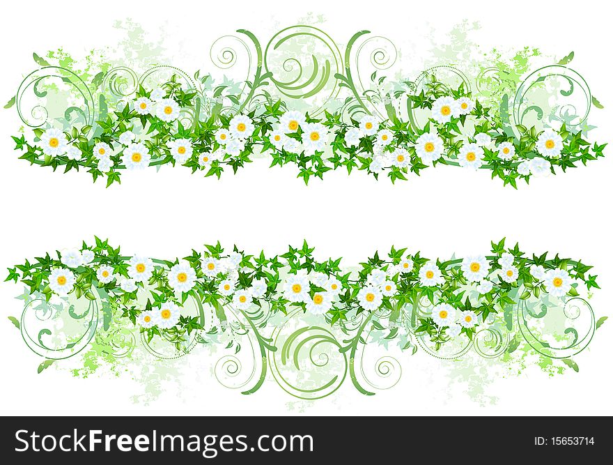 Floral decoration with white daisies. Top and bottom element. If you take a closer look, you will find out, that both parts are slightly different from each other. Use both for example to place text in-between or use just one of them. File includes clipping path.