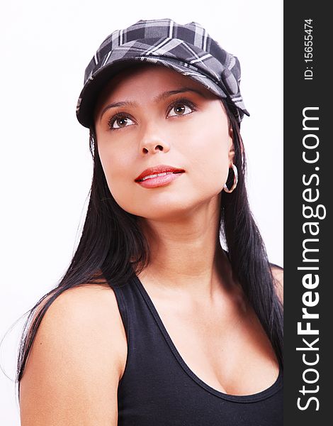 Young woman with fashion beret looking up. Young woman with fashion beret looking up
