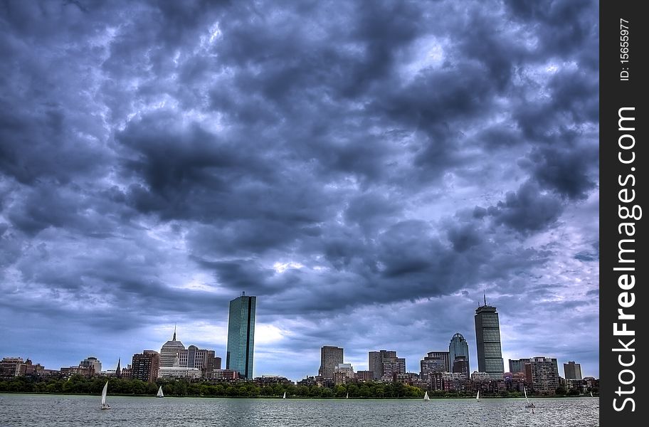 Panoramic of Boston Skyline on a cloudy day.