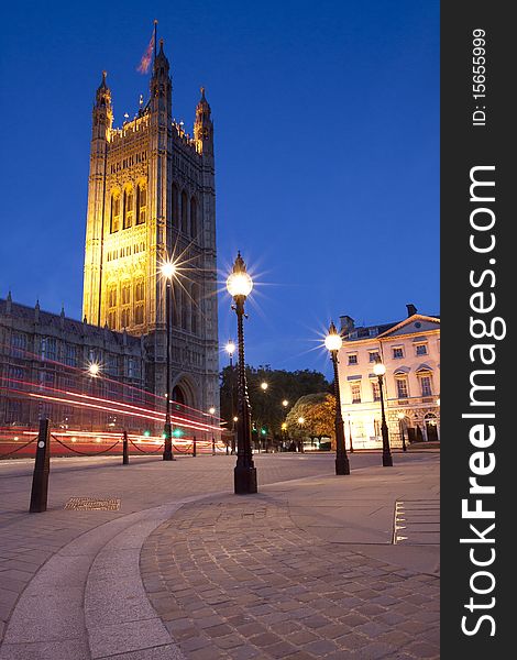 Victoria Tower at the Houses of Parliament at night. Victoria Tower at the Houses of Parliament at night