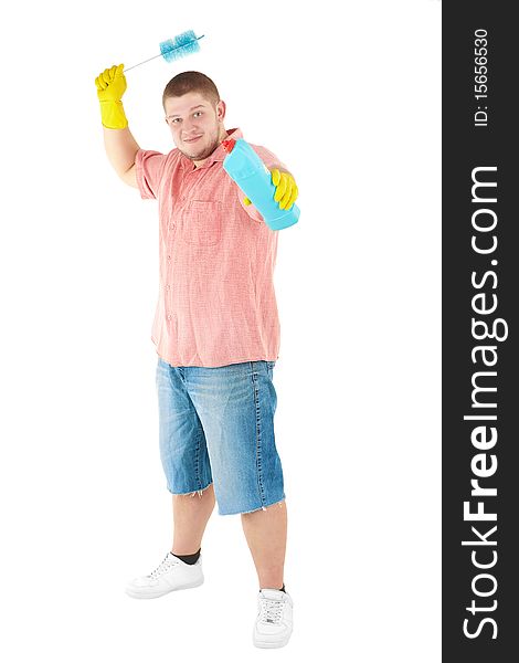 Funny portrait of standing cleaner. Iisolated over white.