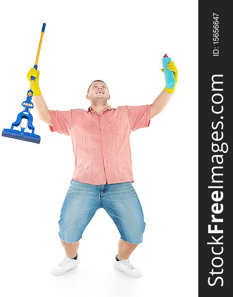 Funny portrait of standing cleaner. Iisolated over white.