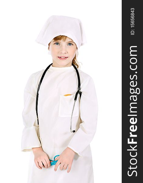 Shot of a little girl in a doctors uniform. Isolated over white background. Shot of a little girl in a doctors uniform. Isolated over white background.