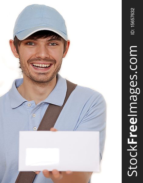 Happy postman showing mail on white background. Happy postman showing mail on white background