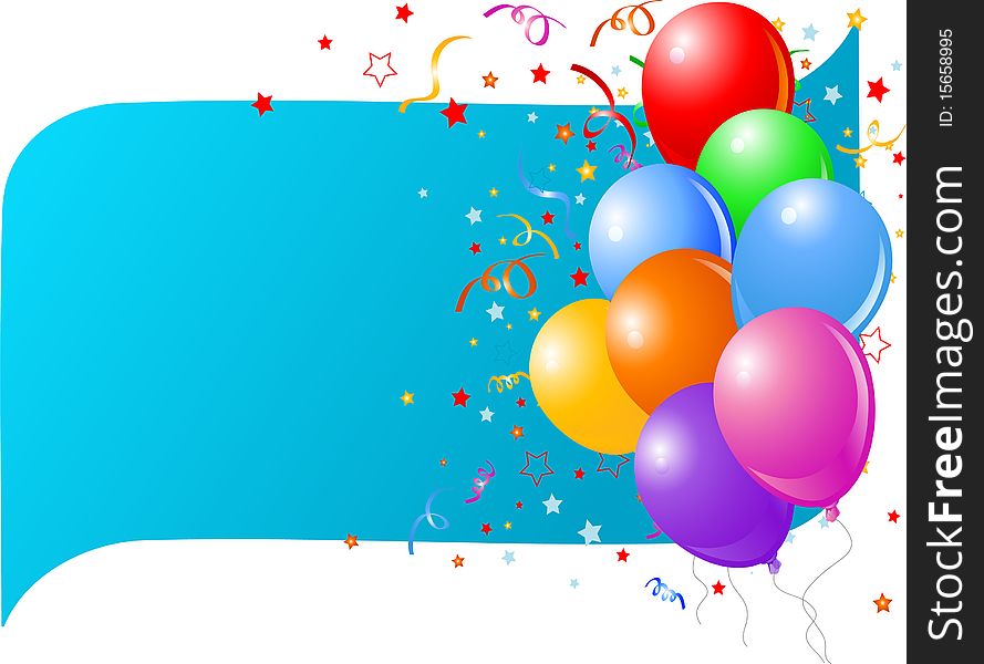 Blue card with colorful balloons and confetti.